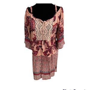 ANGIE Dress Boho Gypsy Cold Shoulder Adjustable Strap Pink Mini Sz S Small NEW